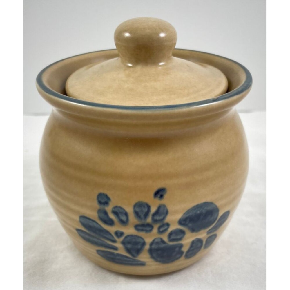 Pfaltzgraff Folk Art Sugar Bowl Jelly Jam Jar with Lid #22 Tan Blue Vintage